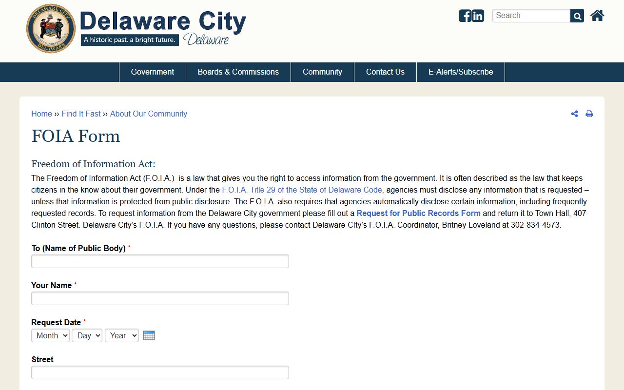 Delaware City white pages FOIA request online form