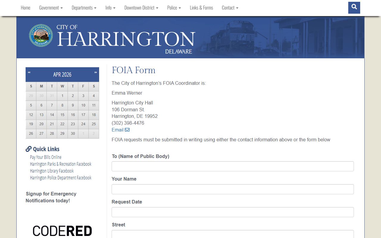 Harrington white pages FOIA request form page