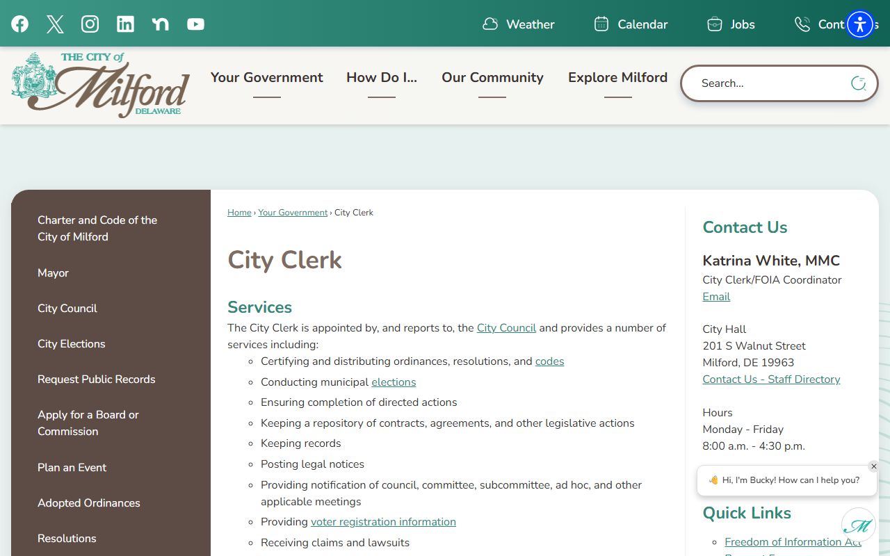 Milford white pages City Clerk FOIA coordinator page