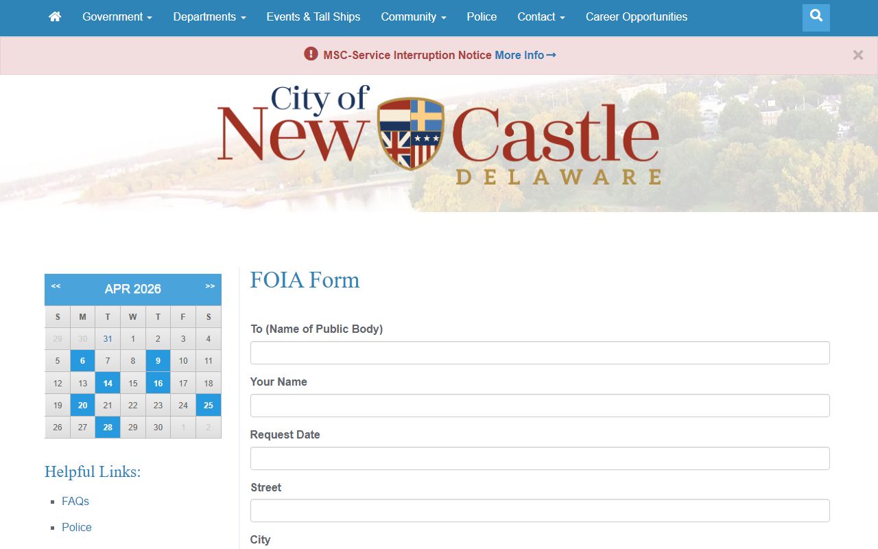 New Castle white pages FOIA request page