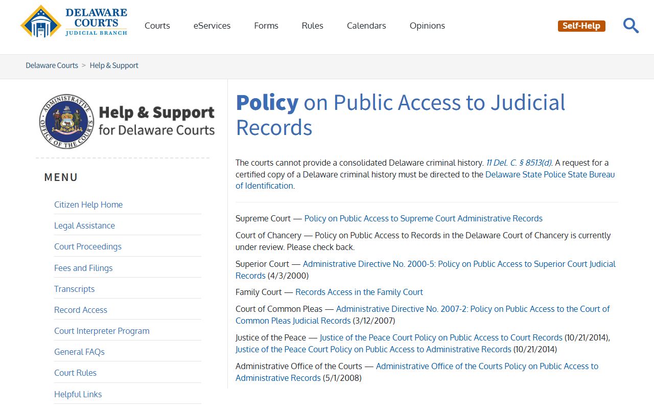 Delaware court records access policy for white pages searches