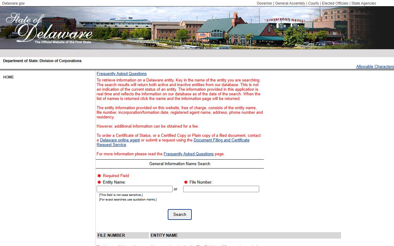 Delaware Division of Corporations business entity white pages search