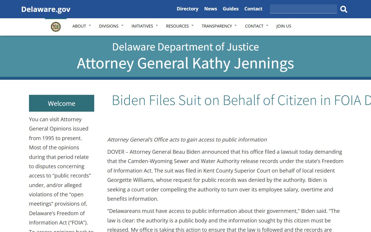 Delaware DOJ FOIA Office for white pages records appeals