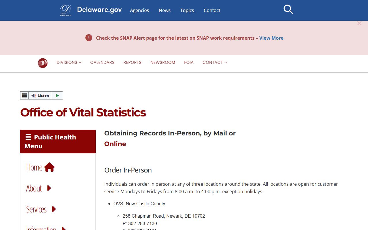 Delaware Office of Vital Statistics white pages birth death marriage lookup