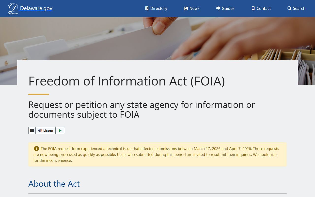 Delaware state FOIA portal for public records and white pages data